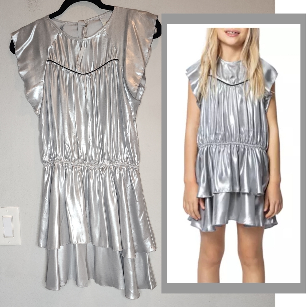 NWT Zadig & Voltaire Girls' Size 14 Freja Silver Metallic Dress Stretch Waist